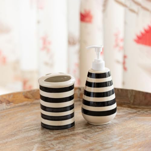Image of ExclusiveLane 'Monochrome Lines' Hand-Painted Ceramic Bathroom Accessories Set of 2 (Liquid Soap Dispenser for Wash Basin, Paste & Toothbrush Holder) |Handwash Dispenser |Bathroom Organiser Set