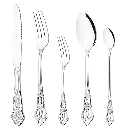 30-Piece Vintage Snplowum Luxury 18/0 Stainless Steel Tableware, Retro Cutlery Ideal For Home Wedding Festival Party Restaurant Dinner ( Shiny Silver )