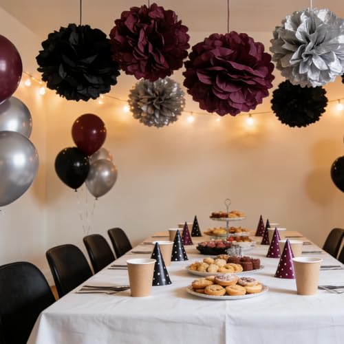 Image of Black Burgundy and Silver Paper Pom Poms for Wedding Birthday Black Gold Party Decoration - Ceiling Wall Hanging Tissue Flowers - 12pcs 3 Colors of 12 Inch 10 Inch 8 Inch
