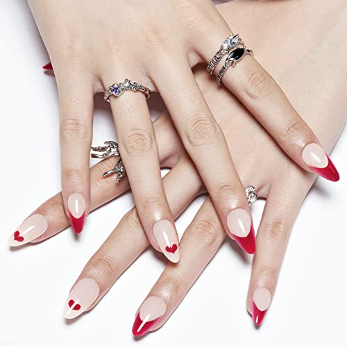 Red Short Press On Nails With French Tip, Glamermaid Glue On Nails For Valentine's Day Gift | Nude False Nail Kits With Sweet Heart Design, Fake Nails Short Oval, Stick On Nail Set For Girlfriend Gift #TOP1