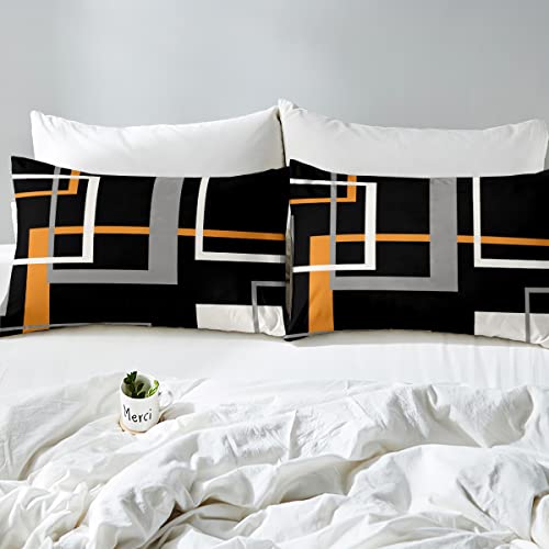 Square Geometry Bedding Set Queen,Orange Black Line Comforter Cover For Boys Girls,Kids Abstract Art Duvet Cover Set Modern Minimalist Bedspread Cover Fashion Teens Bedroom Decor 3 Pcs Bed Collection #TOP4