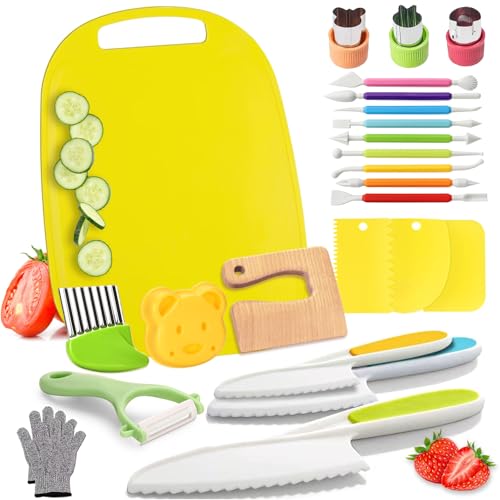 Image of iKumar 25 Pcs Wooden Kids Kitchen Knife Set Include Plastic Kids Knife, Crinkle, Sandwich Cutter, Y Peeler, Cutting Board, Gloves, Fruit Mold Cutters and Carving Shaping Tools