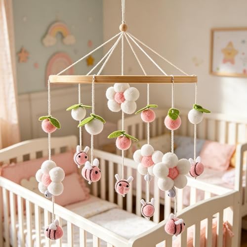 Móvil de cuna con flores y pompones para regalo de bebé 7