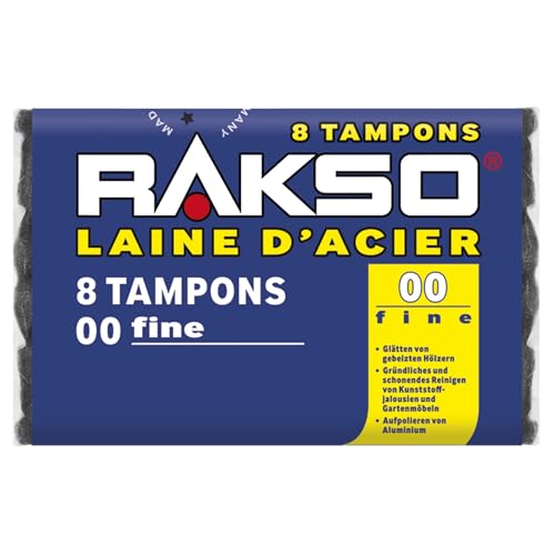 RAKSO Laine d'Acier Fine 00-8 Pads - Paille de Fer 00 pour Nettoyage et Ponçage Précis, Polissage de Cuivre, Laiton, Huile et Cire sur Bois