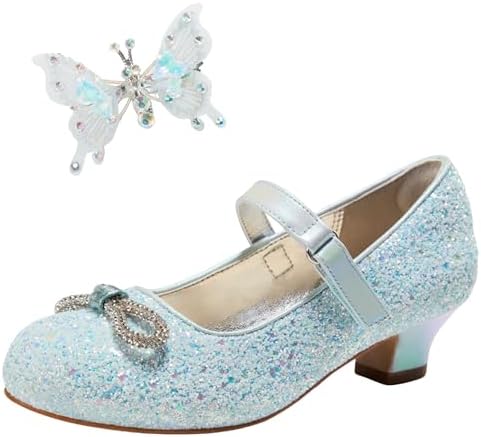 PATPAT Girls Dress Shoes Glitter Shoes with Butterfly Hair Clips, Sequins Rhinestones Bowknot Princess Low Heels Mary Jane Footwear Heels for Girls