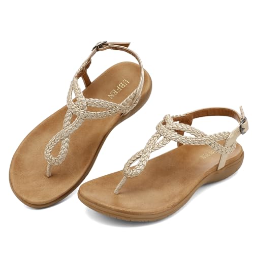 Image of UBFEN Womens Flat Sandals Dress Braided T-Strap Thong Sandals with Arch Support Comfortable for Walking