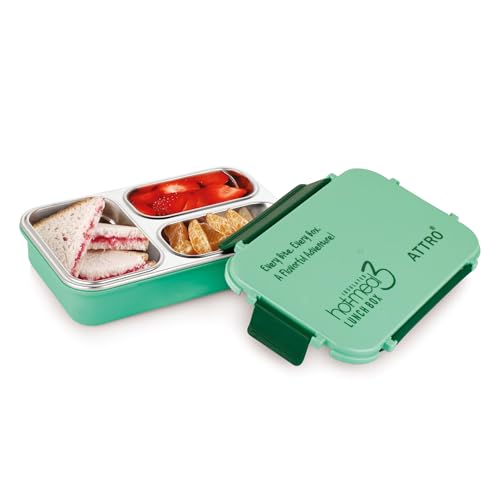 Image of ATTRO Hot-Meal 3 Insulated Lunch Box with 3 Compartment, Inner Stainless Steel & Locking Lid BPA-Free Food Grade Ideal for School, Office - 900ml Green