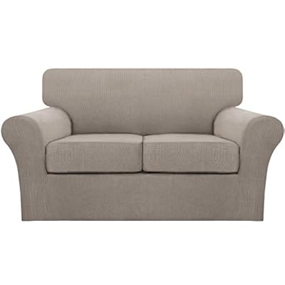 Turquoize 3 Piece Stretch Sofa Covers Loveseat for 2 Cushion Couch Covers Slipcovers Including Base Cover and 2 Individual Seat Cushion Covers, Thick Jacquard Customized Fitting (Medium, Taupe)