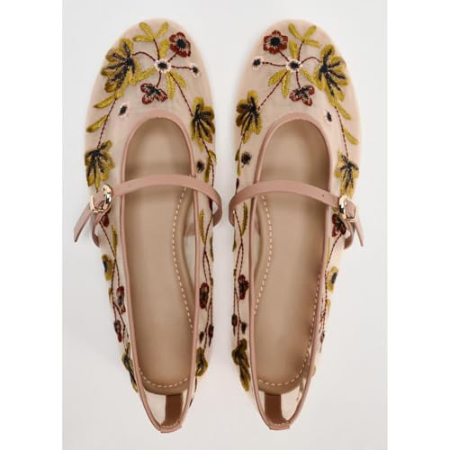 Image of MRKEWUNEY Mesh Ballet Flats for Women Embroidered Floral Round Toe Mary Jane