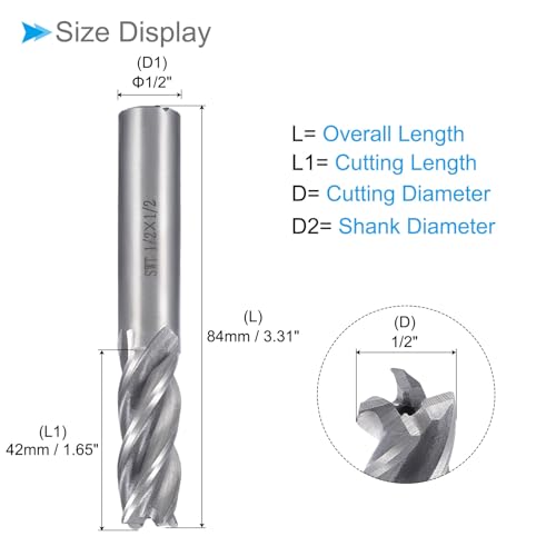 Image of 4-Flute Spiral End Mill Bits, 1 /2 inch Diameter 42mm Length, High Speed Steel Straight Milling Cutter with Storage Case- (Applications: for Plywood Hardwood Plastic),