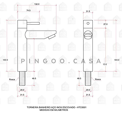 Pingoo.Casa, Torneira para Banheiro, Aço Inox 304, Escovado, Baixa Amazonas, Prata