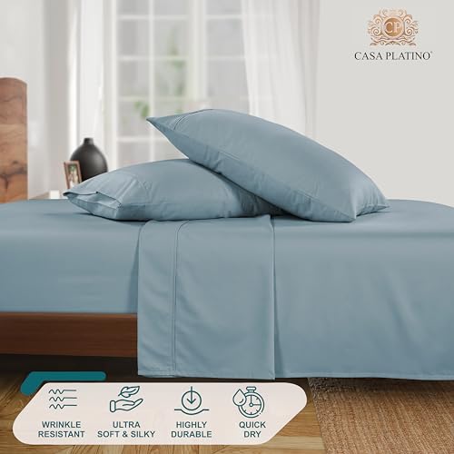 Casa Platino 1000 Thread Count Bed Sheets - 4 Piece Queen Sheet Set, Cotton Rich Soft, Deep Pocket, Super Smooth, Luxury, French Blue
