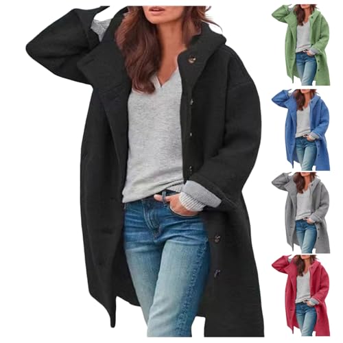 Fleece Jacket Women Casual Single Breasted Long Wool Coat With Hood Lightweight Dressy Cozy Trench Peacoat