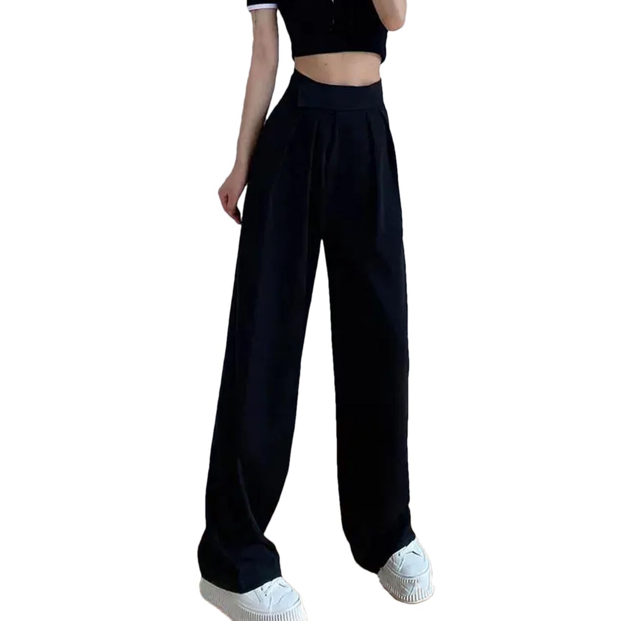 Women Vintage Suit Wide Leg Pants Solid High Waist Pockets Office Casual Trousers
