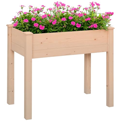 Outsunny Jardinière sur Pieds Potager dim. 86L x 46l x 76H cm Inserts d'irrigation + Feutre de Drainage Inclus Bois Massif Sapin, Effet Bois Naturel