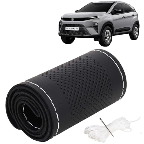 Image of KINGSWAY PU Leatherite Car Steering Cover Sewable Compatible with Tata Nexon (Year 2023 Onwards), Black Color with Silver Thread, Pack of 1 with Sewing Needle and Thread