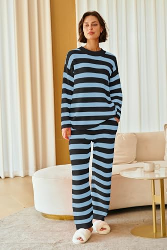 Image of SENSERISE Womens Striped Set Sweater Lounge Sets | Pajamas Set, Loungewear Set, Oversized Knit Sweater, Wide Leg Pants with Pockets, High Waisted, Fall Outfits, Pants Set
