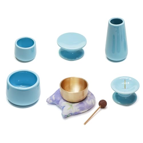 MimoriHive ペット 仏具 五具足 おりんセット 猫 犬 顔 布製台座 ヘアライン仕上げ 指紋防止 防錆コーティング 真鍮製 おりん 陶器 仏壇 手元供養 メモリアル 8点セット ブルー (フラワー4)