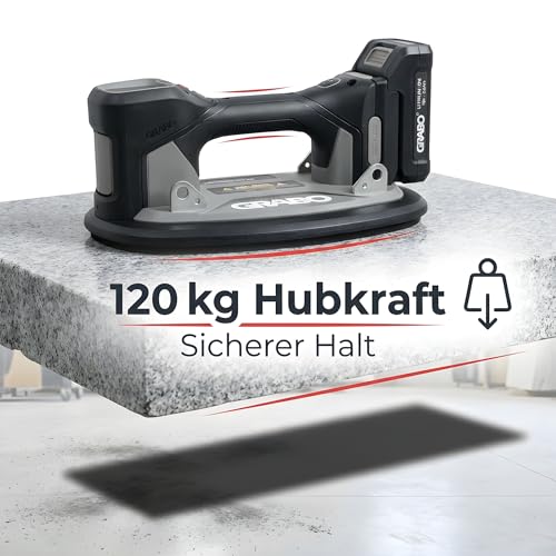 GRABO Brushless-Digitaler Akku Vakuum Saugheber 120kg [Marken Akkukompatibel] elektrischer Platten & Fliesenheber mit Auto-Nachsaugung, Digitales Display für Glas, Stein & Fliesen (OHNE AKKU) (GPB-BO)