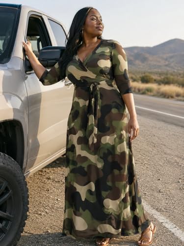 Image of Plus Size Dresses for Women Print Maxi Dresses 3 /4 Sleeve with Belt