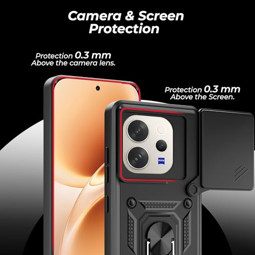 Image of A rtistque Armor Bumper Back Cover Case for Vivo V70 / V70 Elite 5G | Ring Holder Stand | Sliding Camera Protection | Shockproof Heavy Duty Design | Vivo V70 Back Cover - Black