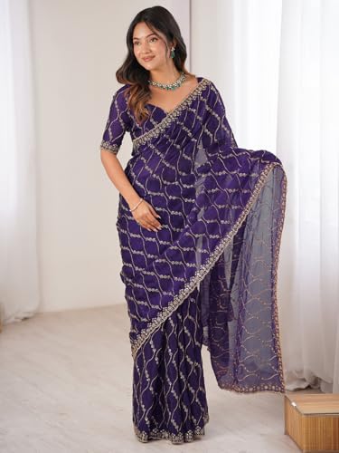 Image of AKHILAM Women's Shimmer Chiffon Heavy Sequence Embroidery Work Saree With Unstitched Blouse Piece (VT798A VM Parent)