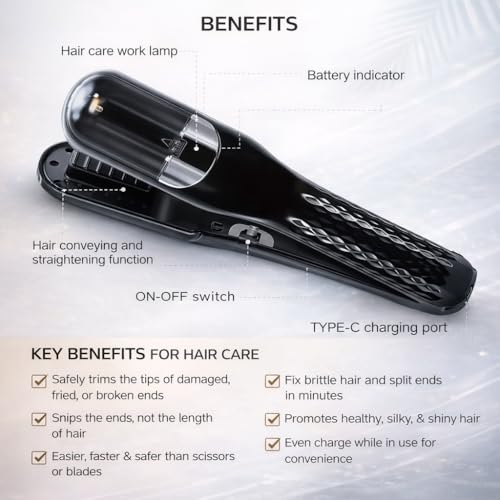 Image of ESCUCHA Cordless Split End Hair Trimmer Machine | Rechargeable Electric Split Ends Remover Tool for Dry, Damaged, Curly, Frizzy Hair | 2-in-1 Automatic Split End Cutter for Men & Women, Black