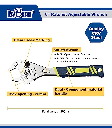 LABEAR 8-Inch Adjustable Ratcheting Wrench