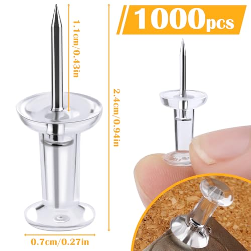 1000 Count Push Pins Tacks, Thumb Tacks with Clear Plastic Head and Steel Point for Wall, Clear Push Pins for Bulletin Board, Wall Hanging, Cork Board, Calendar, Photo, Home, Office, Craft Projects - Thumbnail 3