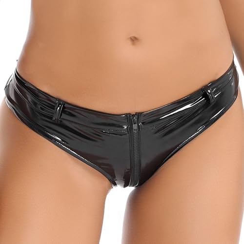 Miutii - Miutii Womens Shiny Latex Wet Look Booty Shorts High Waisted Zipper Crotch Cheeky Hot Pants Black Small