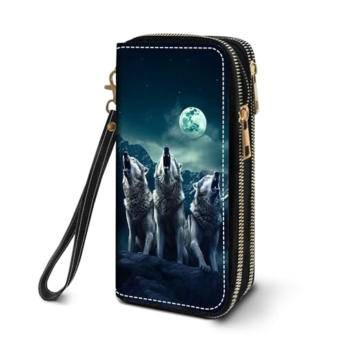 FVAENDHIO Women's Large Capacity Wallet PU Leather Double Zipper Clutch Purse Multifunctional Wallet with Removable Wristlet Strap for Smart Phone/Coin/Card/Cash - Wolf Howling Under The Moon