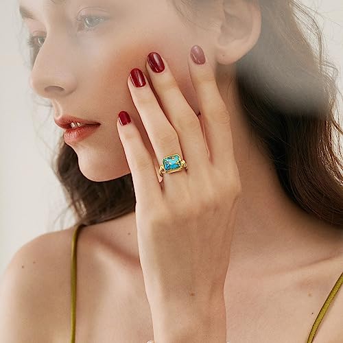 Women's 14K Gold Plated Statement Rings Emerald Cut Teal Turquoise/Rose Quartz Crystal/Spiny Oyster Turquoise Signet Ring Stainless Steel Chunky Gold Rings Size 5-104