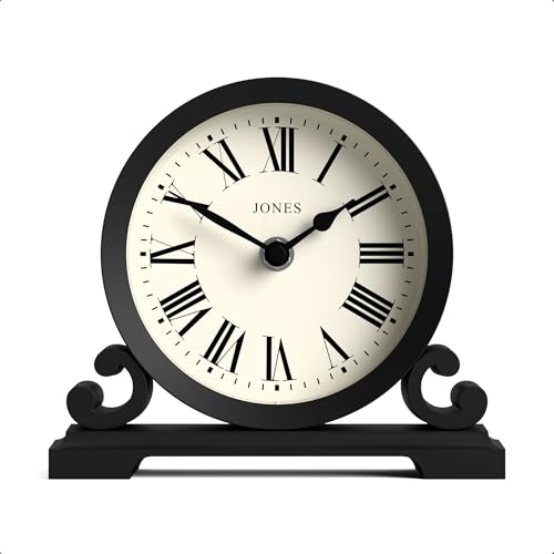 Jones Clocks® Saloon mantel clock | Small traditional double scroll design | Black | Roman numerals | Classic style for desk, table, shelf or bedside
