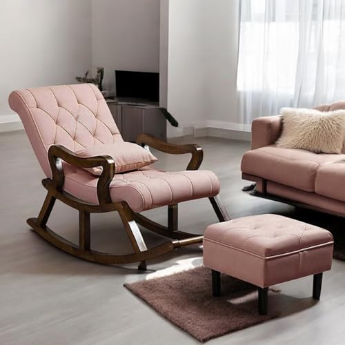Image of Solid Sheesham Wood Rocking Chair for Living Room with Footrest and Pillow | Ergonomic Resting Chair with Ottoman for Relaxing and Pregnant Women (Lite Pink)