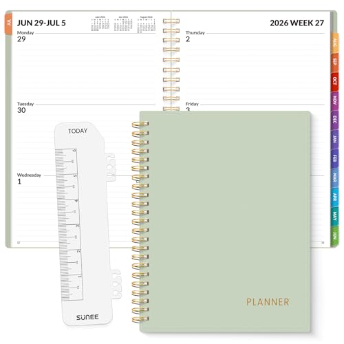 SUNEE Agenda académica 2026-2027 - Agenda semanal y mensual, julio de 2026 a junio de 2027, 6.4 x 8.3 pulgadas, papel grueso, pestañas, bolsillos, marcapáginas, encuadernado en espiral, organizador de
