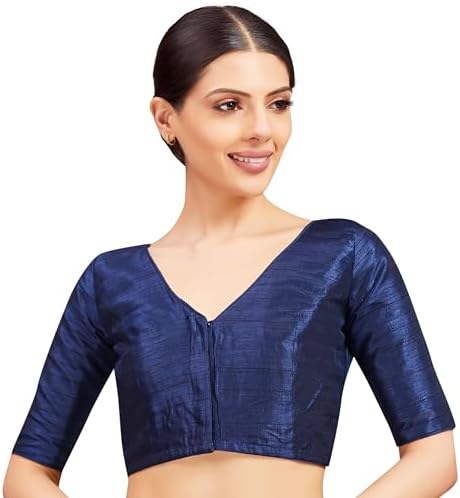Studio Shringaar Women Readymade Raw Silk V Neck Saree Half Sleeve Blouse