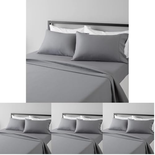 Image of Amazon Basics Lightweight Super Soft, Wrinkle-Free, Breathable Luxury Microfiber 4 Piece Bed Sheet Set with 14-Inch Deep Pockets, Full, Dark Gray, Solid (Pack of 4)