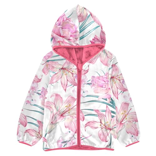 OTVEE Pink Flowers Lily Lotus Kids Hoodie Jacket Fall Spring Full Zip Warm Outwear Coat