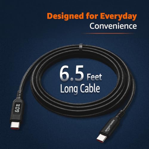 Image of amazon basics 100W Type C to Type C Cable with LED Display, 5A Max Output, Up to 480Mbps Data Sync, 2M Length, Tangle Resistant, Supports Laptop Charging (Black)