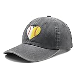 Heart Ball Hat for Womens, Softball Embroidered Adjustable Baseball Cap for Mom Girls Grey