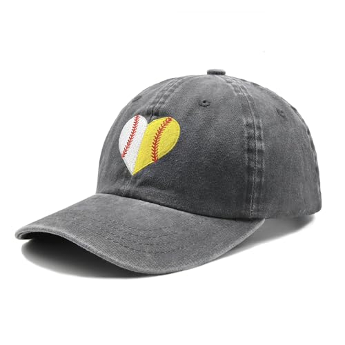 Heart Ball Hat for Womens, Softball Embroidered Adjustable Baseball Cap for Mom Girls Grey