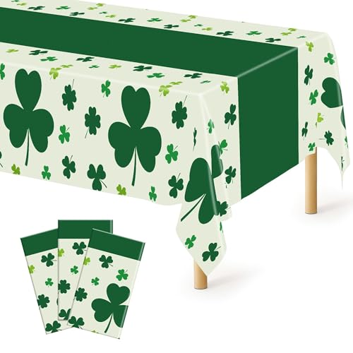 Image of QZYL 3 Pack St Patricks Day Decorations, 108 inch X 54 inch St Patricks Day Tablecloth, Disposable Plastic Shamrock Green Tablecloths Grass Table Cover, Irish Holiday Table Cloth for Shamrock Party Supplies