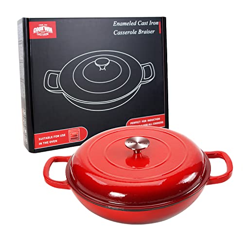 Cookwin Cast Iron Casserole Braiser,3.8 Quart Enameled Cast Iron Pan,Heavy Duty Casserole Skillet With Lid And Dual Handles,Porcelain Surface Casserole Dish With Lid,Dutch Oven Gifts For Family,Red #TOP7