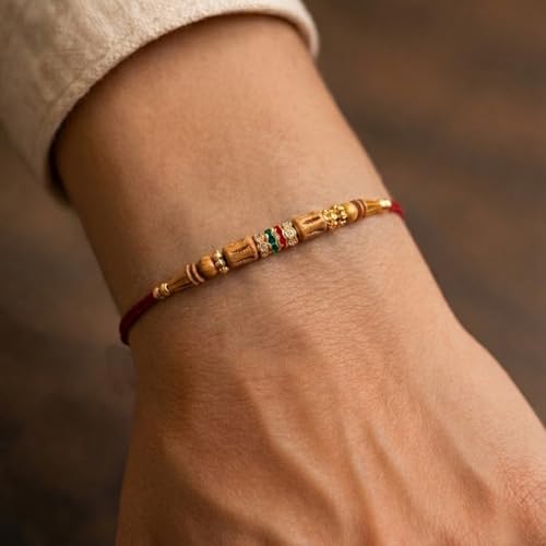 Image of Peora Rakhshabandhan Thread Rakhi for Brother Bhaiya | Kundan Beads & Crystal Studded | Combo Set of 2 | Rakhi Hamper Roli Chawal & Greeting Card