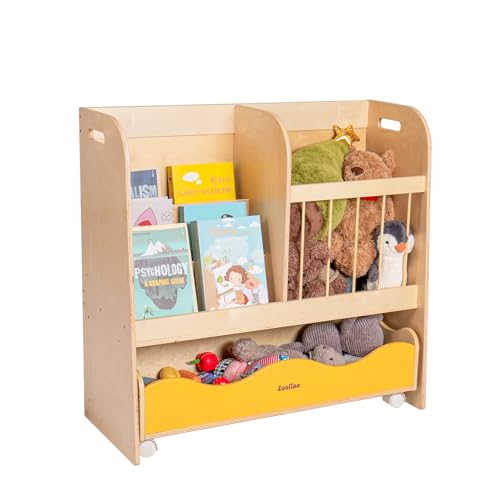 Zoolino 3-in-1 Kids Bookshelf and Toy Storage Organizer, Wooden Book Shelf for Kids Rooms with Large Stuffed Animal Storage & Removable Bins, Space-Saving Nursery Furniture for Toddlers, Natural