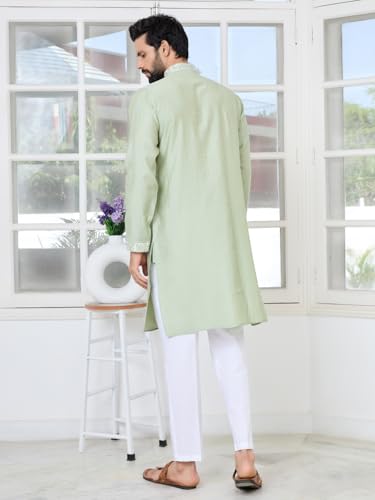 Image of See Designs Men's Full Sleeve Mandarin Collar Sequins Embroidered Chanderi Straight Long Kurta with Yoke Design - Festive Collection