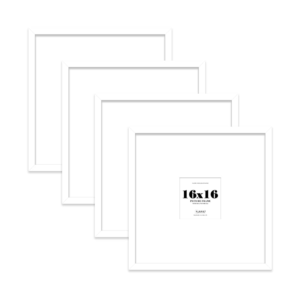 16x16 White Picture Frame with Large Mount for 5x5 Photos, Prints - Modern Square Wall Frame, Set of 4