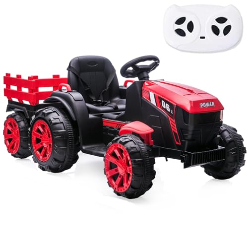 Kids Ride On Tractor with Remote Control, 12V 7AH Battery Powered Electric Tractor with Detachable Trailer, Dual 35W Motors/Safety Belt/LED Lights, Electric Vehicles for Boys Girls, Red