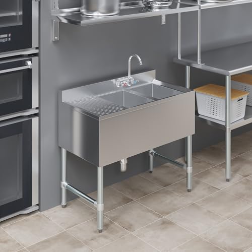 Image of AmGood 36 in. x 19 in. Two Compartment Under Bar Sink With 12 in. Right Drainboard | Stainless Steel Commercial Two Bowls Underbar Sink NSF.