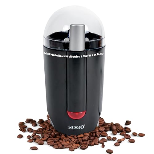 Sogo Molinillo Café Eléctrico 150W - Molinillo para Tritura Café y Especias con Hojas Afiladas de Acero Inoxidable con Seguridad con Tapa – Molinillo Café Motor Potente – Coffe Grinder Negro